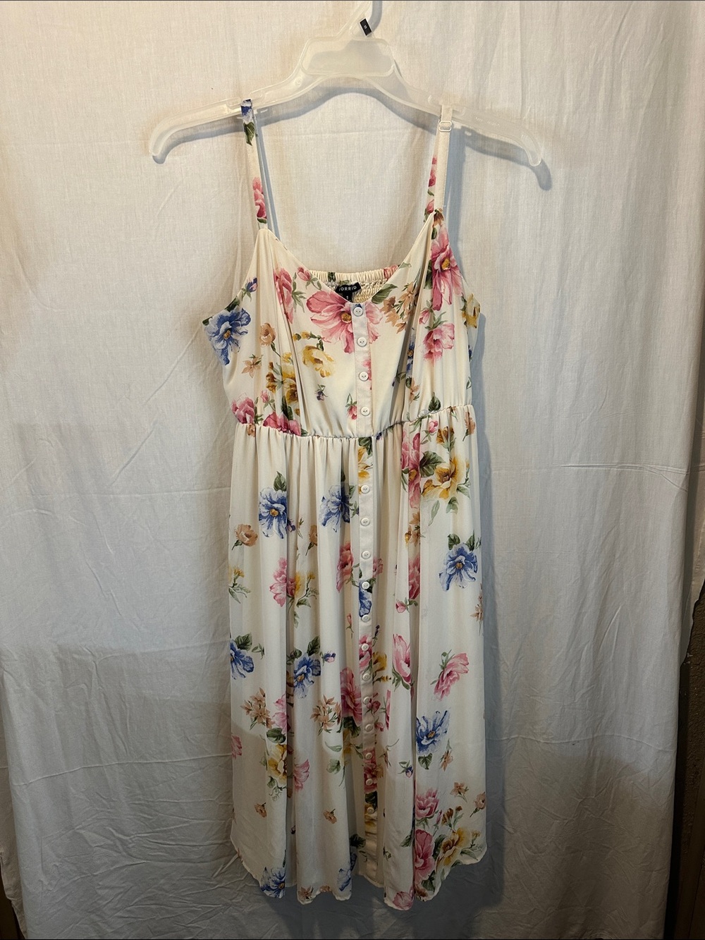 torrid Cream Floral Button-Front Dress with Pink & Green Print